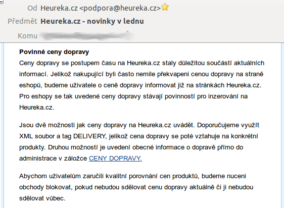 Úryvek z e-mailu Heureky o zavedení cen dopravy do XML.