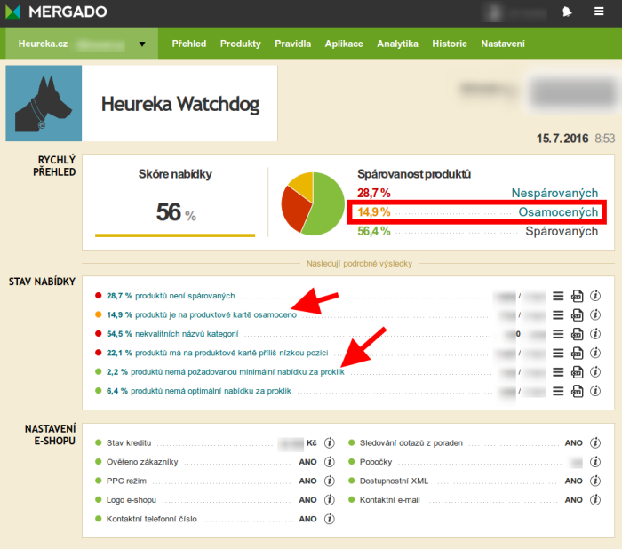 Ukázka hlavní stránky Heureka Watchdog-u