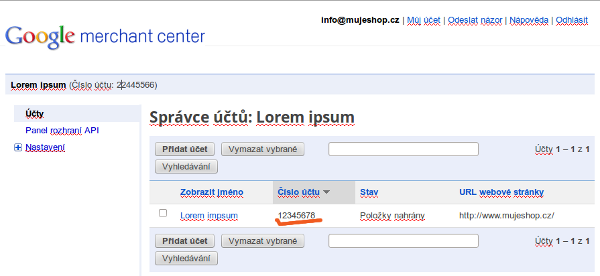 Náhled administrace Google Merchants, kde je ID e-shopu?
