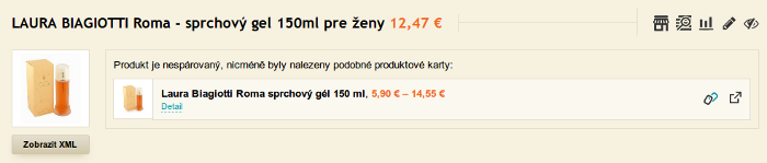 Příklad výpisu nespárovaného zboží i s kandidátem v aplikaci Mergado Watchdog