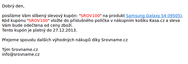 E-mail se slevovým kuponem Srovnáme.cz.
