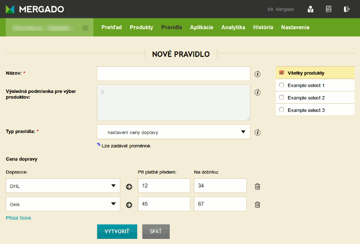 Stanovení cen dopravy v MErgadu pro XML e-shopu pro vyhledávač zboží