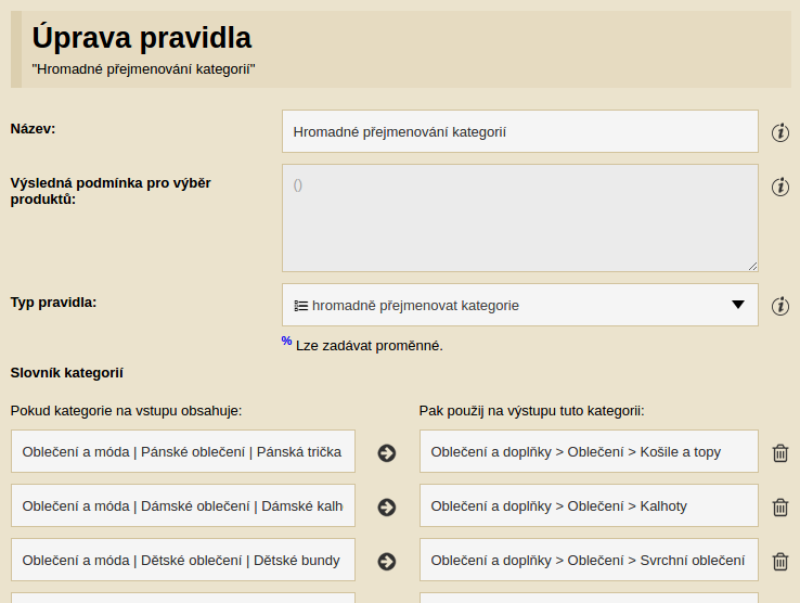 Ukázka pravidla pro hromadné přejmenování kategorií