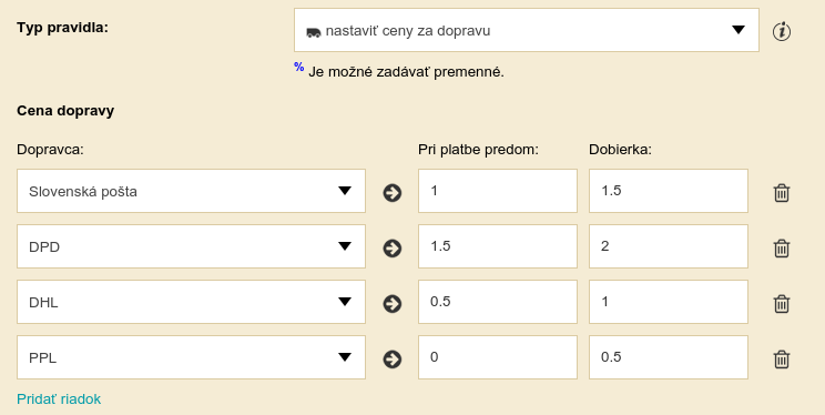 Nastavenie ceny za dopravu