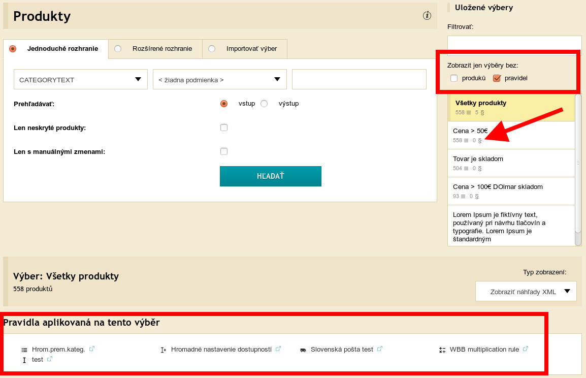 Preklik do pravidiel + filter výberov