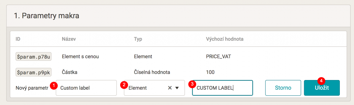 Přidání elementu custom label.