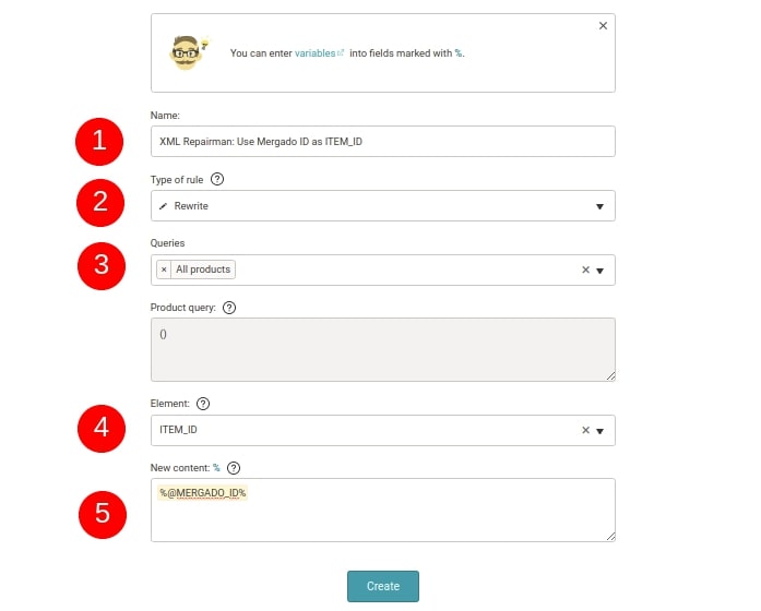 New rule with a variable content - Mergado